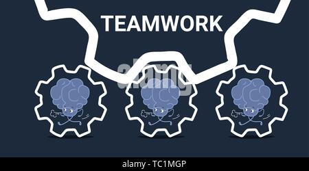 human brains team running in cogwheel hardworking process workforce successful teamwork concept pink cartoon characters kawaii style horizontal sketch Stock Vector