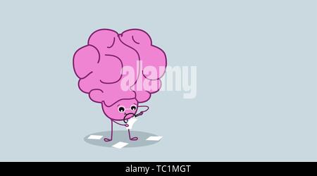 cute human brain holding magnifier zoom analyzing financial graph on paper documents brainstorming paperwork concept pink cartoon character kawaii Stock Vector