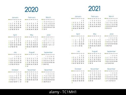 New year 2020 and 2021 vector calendar modern simple design with round san serif font,Holiday event planner,Week Starts Sunday Stock Vector