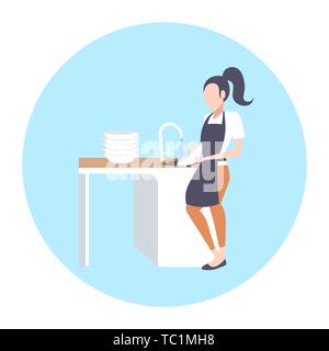woman washing dishes housewife wiping plates on kitchen dishwashing concept girl in apron doing housework flat full length Stock Vector