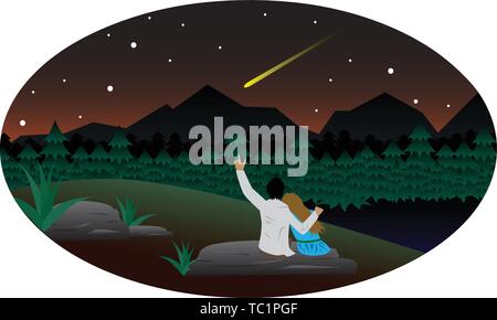 Pair of lovers watching the falling star in nature Stock Vector