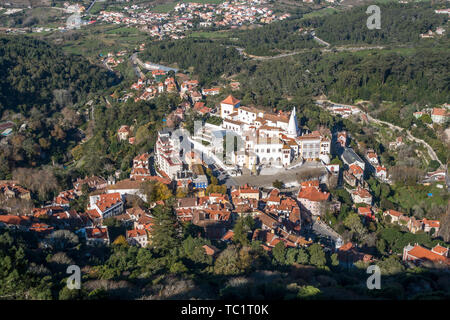 Looking down on classical typical buildings in afternoon sunshine in old town of Sintra Portugal Stock Photo