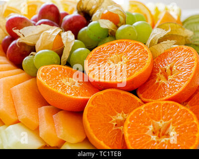 Mix of arranged freshly cut tropical and citrus fruit. Stock Photo