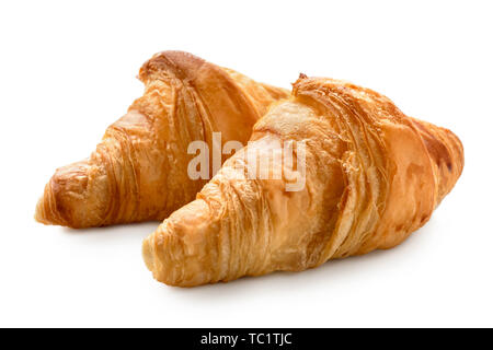 Two baked plain croissants isolated on white. Stock Photo