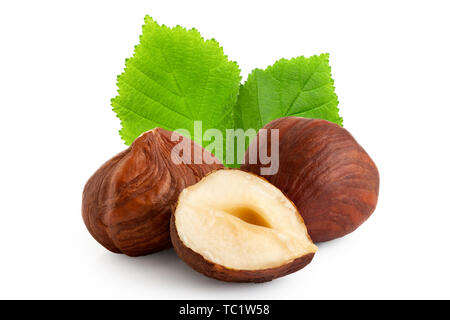 Two and half hazelnuts with skin and green leaves isolated on white. Closeup. Stock Photo