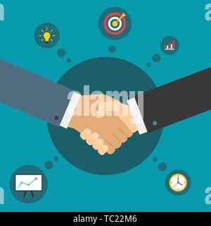 Handshake of business partners. Successful deal. Business partnership. Flat illustration with icons Stock Vector