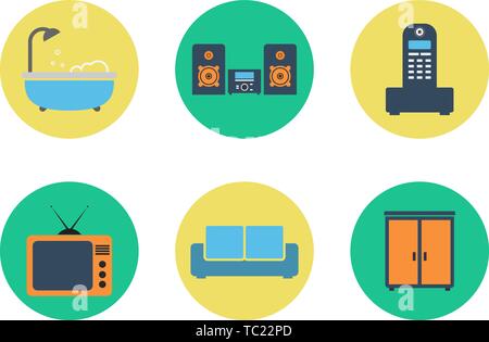 Set of colorful vector interior design. Color flat icons Stock Vector