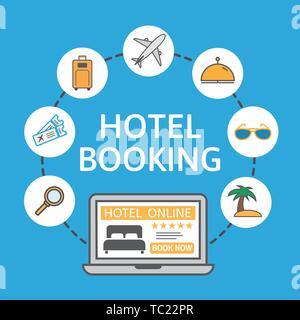 Online hotel booking. Laptop with holiday icons. Holiday vacation concept. Renting accommodations. Book button and bed icon on screen. Vector Stock Vector
