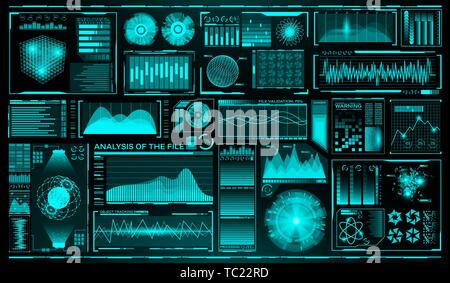 Futuristic user interface set. HUD. Future infographic elements. Technology and science theme. Analysis system. Scanning graphs and waves. Vector Stock Vector