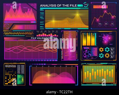 Data visualization set. HUD color interface. Modern infographic template. Diagram with statistics graphs. Futuristic graphic information. Infographic  Stock Vector