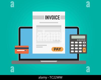 Invoice computer concept. Online payment using laptop. Calculator and credit card on green background. Paying taxes online. Digital banking. Vector Stock Vector