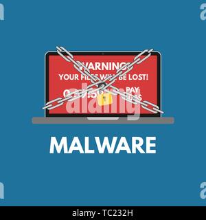 Malware cyber attack. Red alert notification and padlock with chain on laptop . Ransomware virus encrypted files. Flat design Stock Vector
