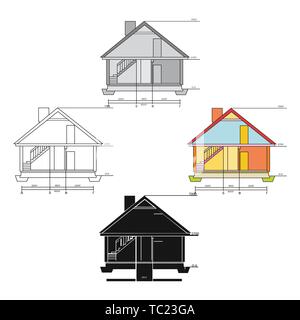 Technical drawing of house icon in cartoon,black design isolated on white background. Architect symbol stock vector illustration. Stock Vector