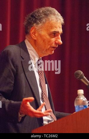 Close-up profile shot of activist and attorney Ralph Nader speaking from a podium during a Milton S Eisenhower Symposium, Homewood Campus of Johns Hopkins University, Baltimore, Maryland, September 28, 2006. From the Homewood Photography Collection. () Stock Photo