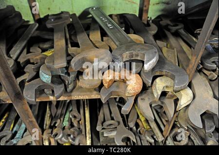 A pile of big spanners and wrenches at Bridgnorth Railway workshops Bridgnorth station  on the Severn Valley Railway Stock Photo