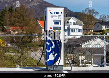 MONGSTAD, NORWAY - APRIL 22, 2017: Modern electric car charging station operated by BKK. Stock Photo