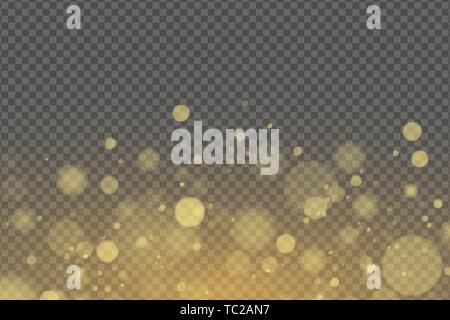 Light effect of golden glares bokeh isolated on transparent background. Bright glow. Golden glitters. Random blurry spots. Vector illustration EPS 10 Stock Vector