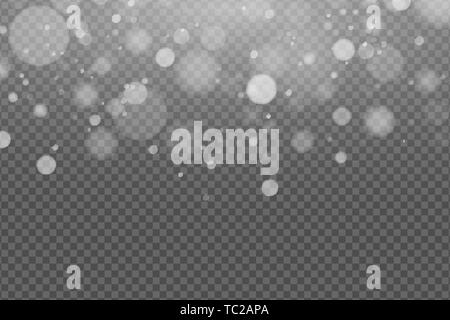 Light effect of white glares bokeh isolated on transparent background. Bright glow. Realistic glitters. Falling snowflakes effect. Random blurry spots Stock Vector