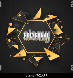 Modern polygonal banner of geometric shapes. Low poly style. Random triangular forms. Black and gold triangles. Circles from dots. Vector illustration Stock Vector