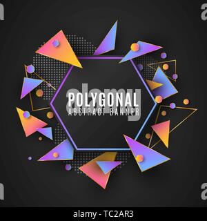 Modern polygonal banner of geometric shapes. Low poly style. Random triangular forms. Multicolored triangles. Web design. Circles from dots. Vector il Stock Vector