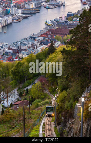 Carriage of the Funicular Railway in Bergen, Norway, climbing Mount Floyen. Stock Photo