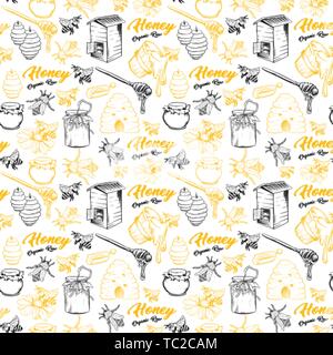 Honey Bee, Honeycomb And Jar Image Seamless Pattern Design In Sketch. Honey Comb, Pot, Bee Hive, Flowers Hand Drawn Vintage Elements On White Background Vector Illustration Stock Vector