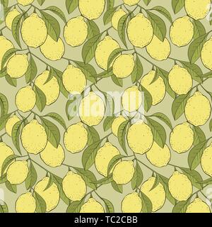 Lemons hand drawn seamless pattern. Yellow citrus colored wallpaper. Fresh lemon branches and leaves. Citrus fruit line art texture. Wrapping paper, fabric textile background Stock Vector