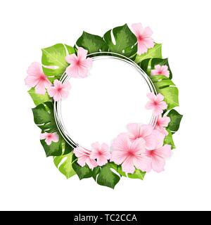 Monstera floral decorative vector frame. Realistic colorful flowers wreath. Isolated round border with text space. Invitation, greeting card, poster flourish design element Stock Vector