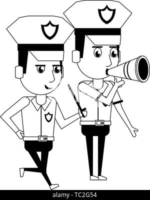 policemen working avatar cartoon character in black and white Stock Vector