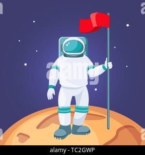 Astronaut with red flag on moon surface. Cosmonaut in space suit and helmet land on planet with craters. Spaceman in cosmos vector illustration. Scien Stock Vector