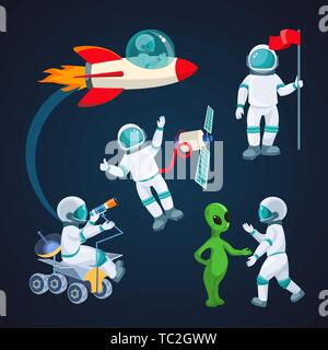Flying rocket, spaceman with satellite, cosmonaut with red flag, alien speaking with astronaut, scientist with telescope isolated around red planet on Stock Vector