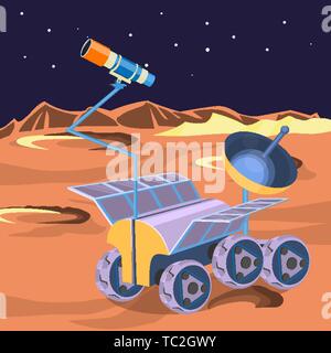 Space ship investigate planet in space. Explore of barren moon on a rover. Expendable spacecraft on moon surface making researchers of craters and sta Stock Vector