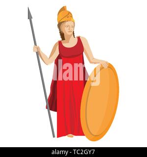 Mythological Greek Athena holding a spear and shield in red dress and golden helmet. Ancient goddess of wisdom, craft, and war. Religion and mythology Stock Vector