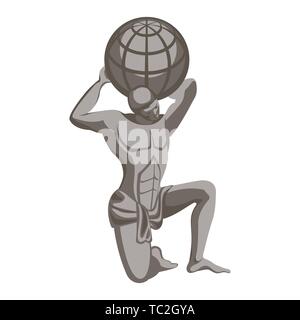 Atlas monument, character in greek mythology. Titan condemned to hold up sky for eternity after Titanomachy. Vector illustration of man holding globe  Stock Vector