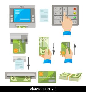 ATM usage concept vector set. Human hand pushing buttons, indications of inserting of credit card and getting money by hand, pack of dollars, white ch Stock Vector