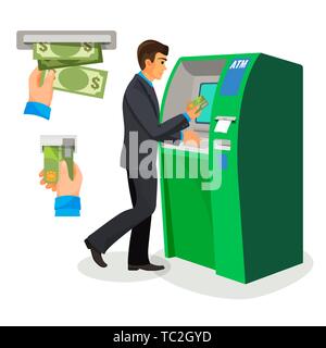 Man in black suit stands near ATM with credit card in hand and is going to take cheque. Vector picture of human hands taking money from cash machine a Stock Vector