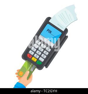 Human hand taking green credit card from POS terminal with white cheque and PIN inscription on screen. Process of paying using plastic card. Vector il Stock Vector