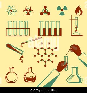 Molecular elements and special test tube black icons collection on white in flat style. Vector poster of warning signs, atomic structures, hands doing Stock Vector