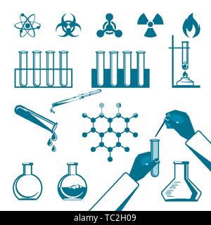 Molecular elements and special test tube black icons collection on white in flat style. Vector poster of warning signs, atomic structures, hands doing Stock Vector