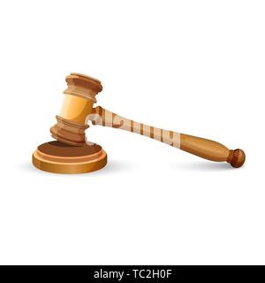 Auction wooden hammer on stand isolated on white. Element for auctions that helps to sell things by hitting the stand. Vector realistic illustration o Stock Vector