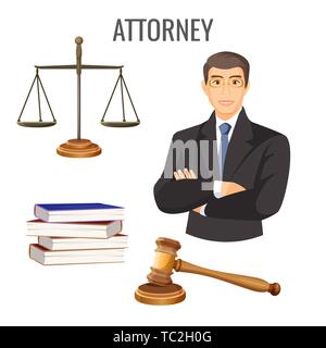 Attorney in glasses and black suit with crossed hands on chest near sign of judge scales, wooden gavel and pile of books on white. Vector illustration Stock Vector