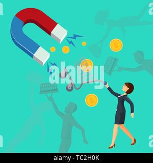 Magnet attracts money and woman that holds cart for supermarkets and other silhouettes on green background. Attracting vector investments concept. Bus Stock Vector