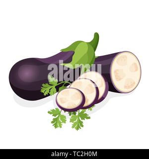 Aubergine whole and half of plant with round slices on green parsley isolated on white. Fresh ripe vegetables food useful for human health. Vector ill Stock Vector