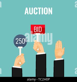 Tryk ned hænge kæmpe Auction meeting and hands holding paddles with number and BID inscriptions.  Vector illustration of buying things on auction by rising special paddle a  Stock Vector Image & Art - Alamy