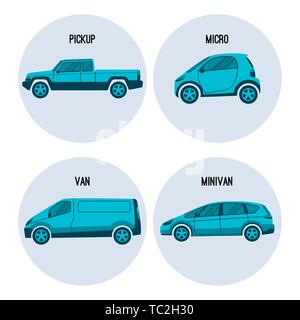 Pickup truck, Microcar, van road vehicle, minivan multipurpose automobile vector Stock Vector