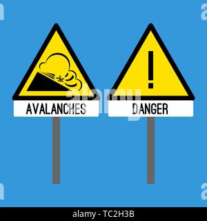 Road sign avalanches. Snowslide or snowslip rapid flow of snow Stock Vector