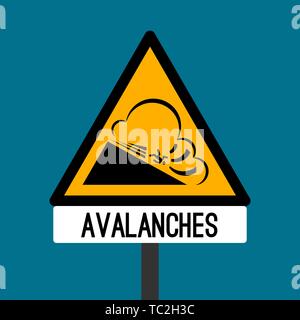 Road sign avalanches. Snowslide or snowslip rapid flow of snow Stock Vector