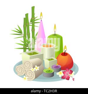 Spa treatments set of white towels, burning candles and plants Stock Vector