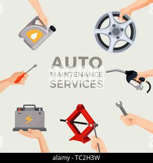 Auto maintenance services set with green car in picture centre Stock Vector