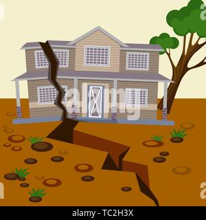 Earthquake damaged house and ground splitted in two parts Stock Vector